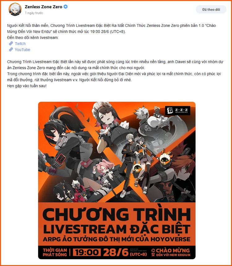 Livestream giới thiệu Zenless Zone Zero diễn ra vào 28/06